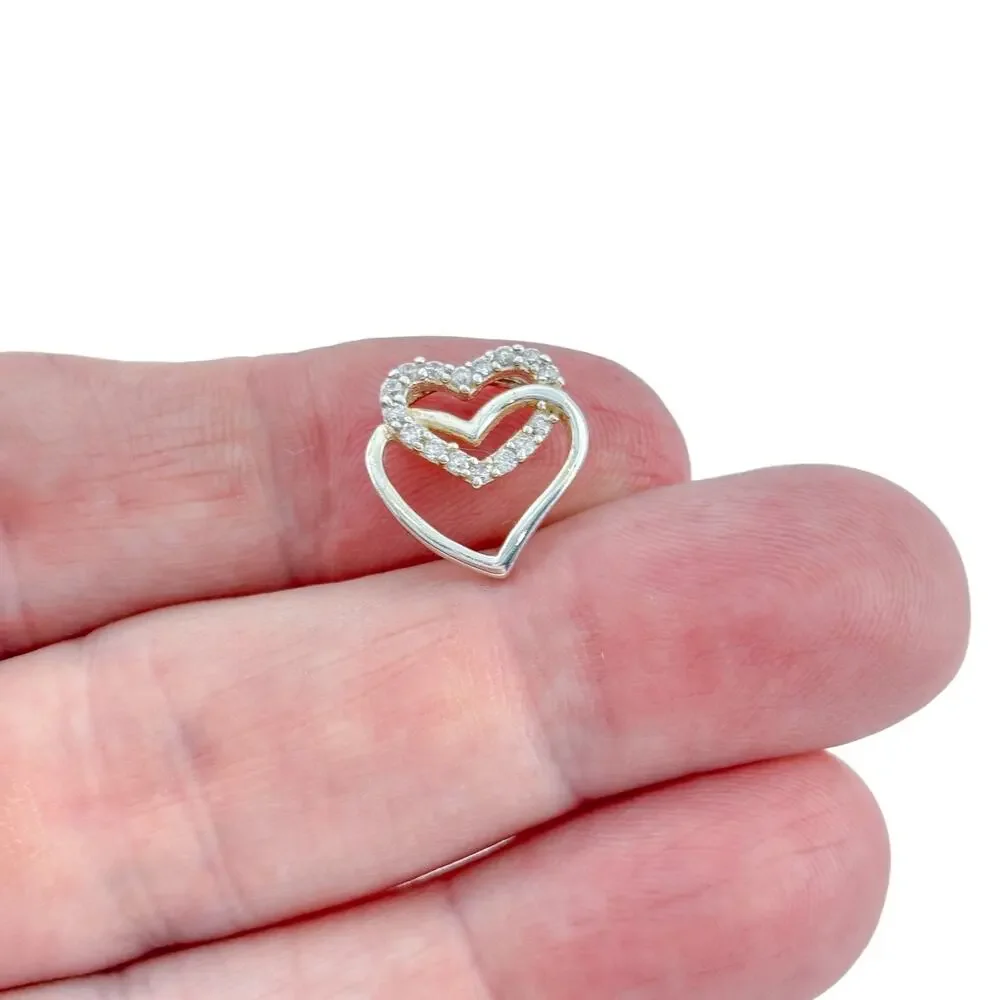 Vintage Sterling Silver 925 Cubic Zirconia Double Heart Pendant